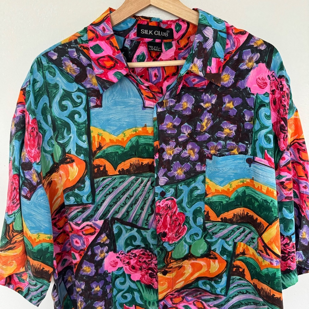 Vintage Silk Club Shirt Mens Large Colorful Floral Landscape Art AOP Button Up - Picture 3 of 11
